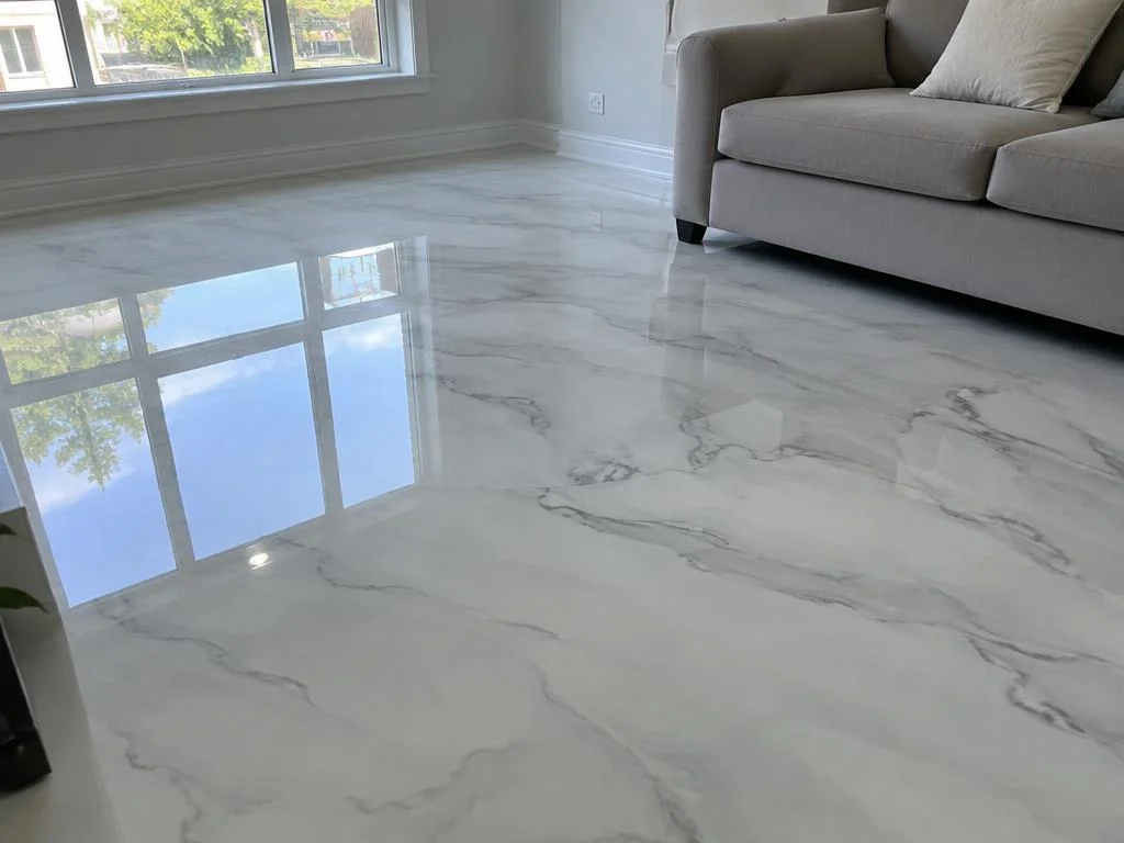 Sala com piso de revestimento epóxi MarmoreFlex em tom bege perolado com alto brilho
